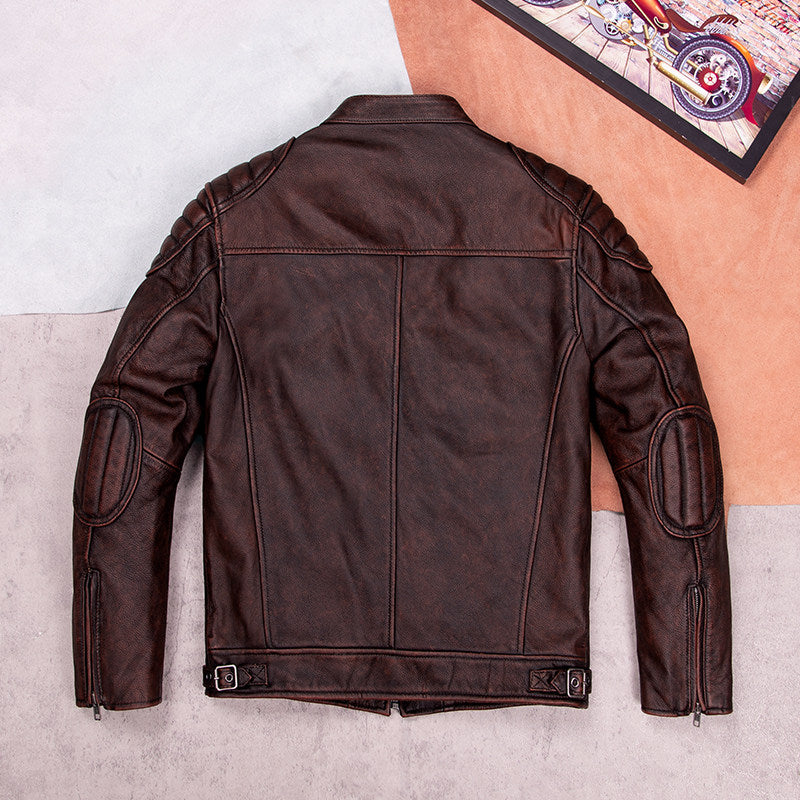 Heavy top layer cowhide leather jacket men's stand-up collar slim motorcycle suit vintage distressed short plus size leather jacket
