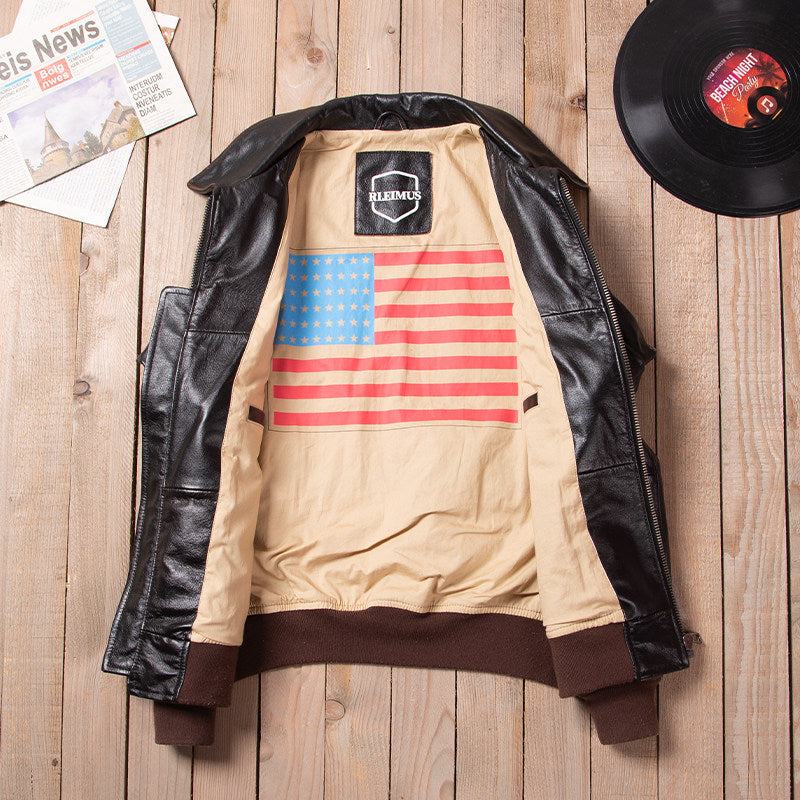 A2 flight suit leather jacket men's leather vintage lapel air force flight suit jacket top layer cowhide plus size leather jacket