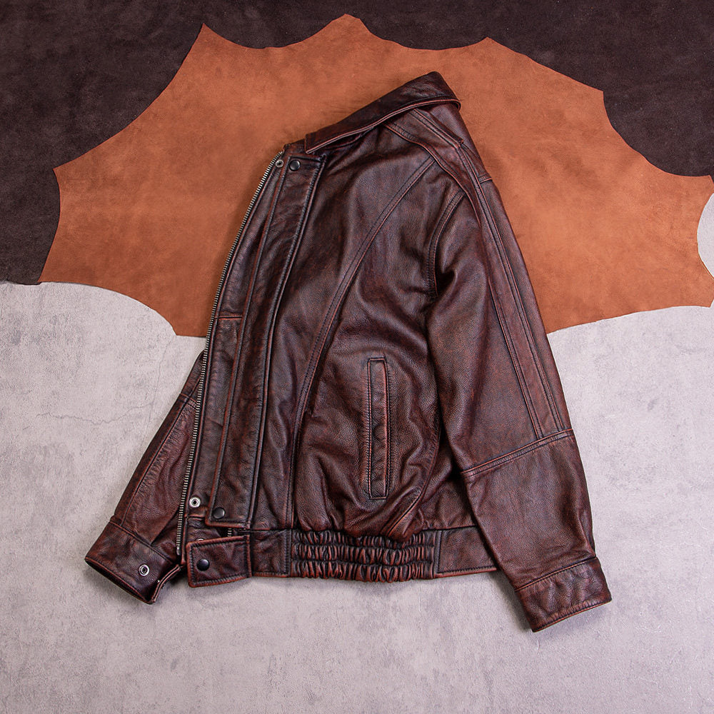 Retro men's and women's Hong Kong-style leather jackets, loose daddy leather jackets, retro distressed cowhide lapels, wide jackets