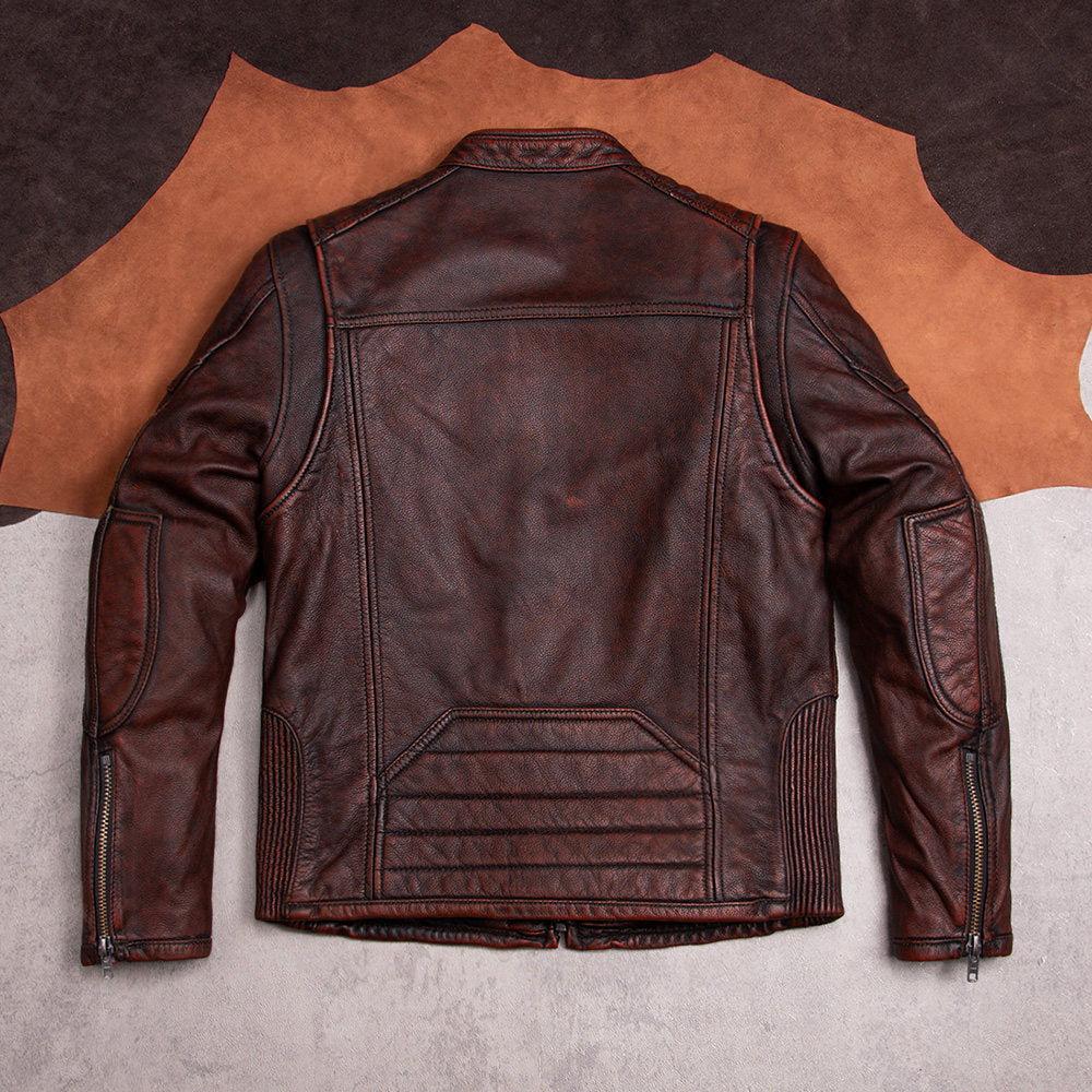 Heavy Harley motorcycle suit top layer cowhide leather jacket men's riding leather jacket vintage distressed stand-up collar jacket