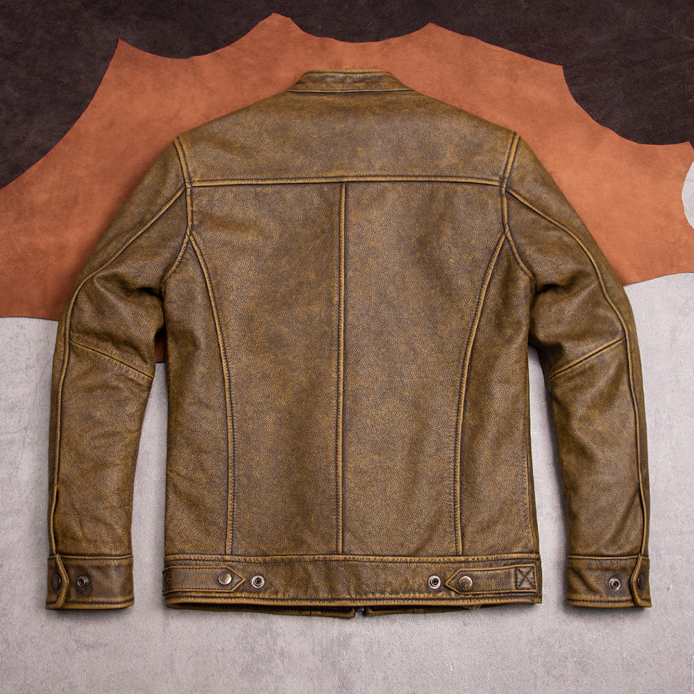 Vintage stand-up collar cycling uniform leather jacket men's top layer cowhide leather motorcycle jacket autumn and winter jacket yellow-brown