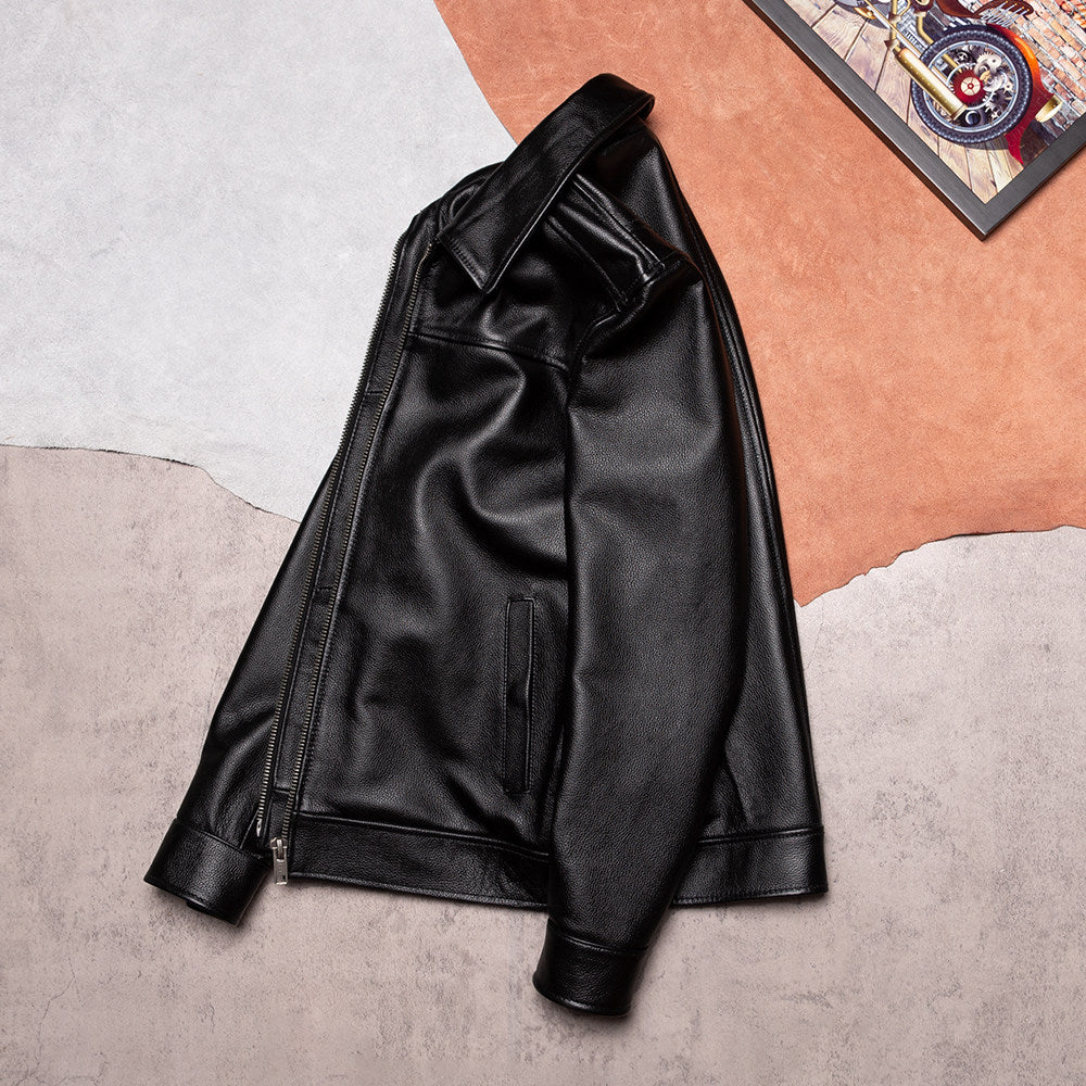 Black top layer cowhide jacket men's retro distressed cargo jacket leather leather jacket men's Korean version slim lapels