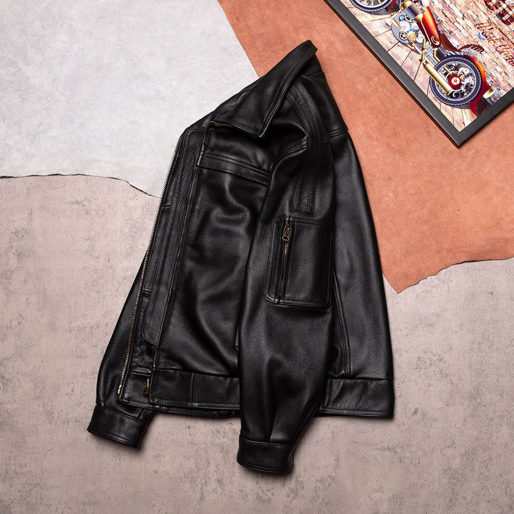 Thunder 02 pilot suit top layer cowhide leather jacket men's lapel short casual fashion spring and autumn jacket