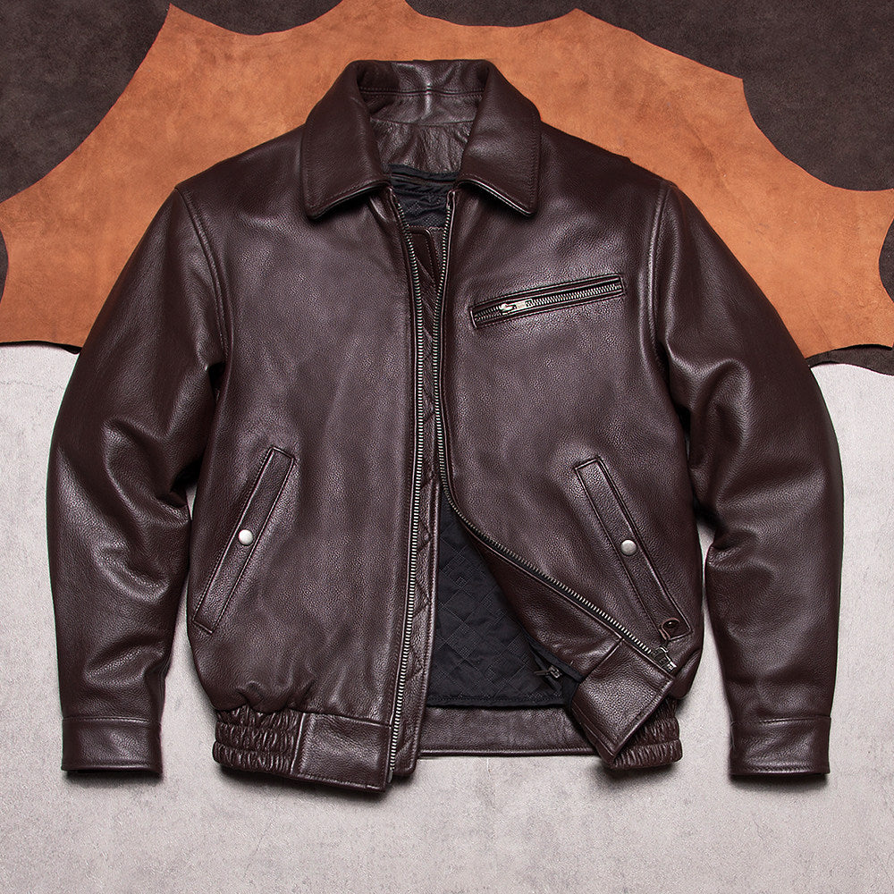 Cotton plus size port style wide lapel removable liner men's flight suit top layer cowhide leather jacket