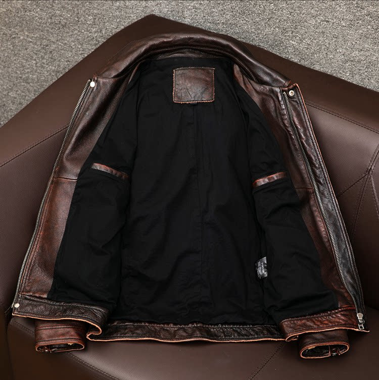 Ami clicks on the top layer of cowhide leather leather jacket men's motorcycle vintage old leather jacket