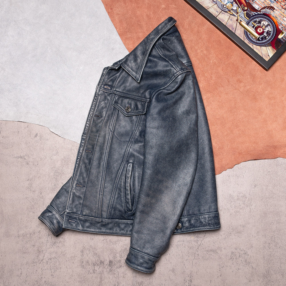 507 classic top-layer cowhide men's leather jacket vintage distress leather jacket top-layer leather denim jacket