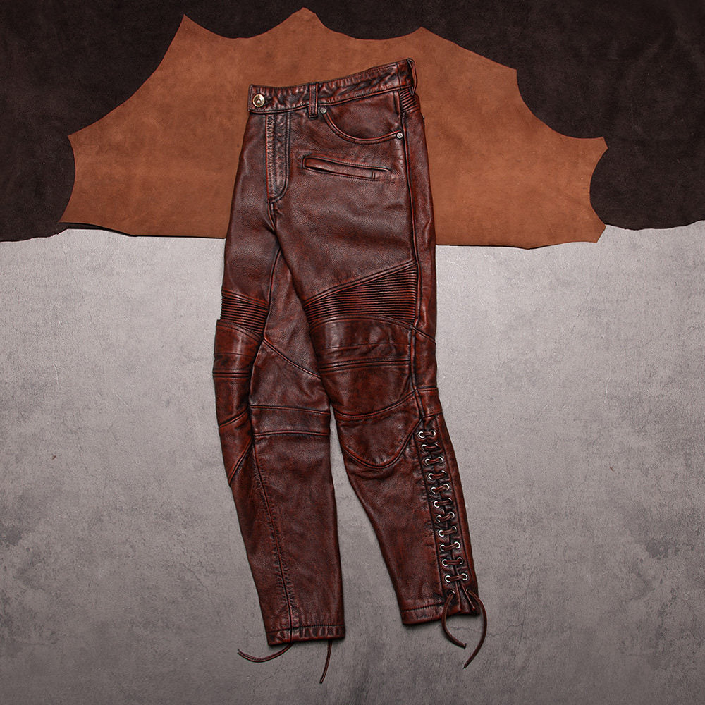 Men's leather pants, top layer cowhide, vintage distressed motorcycle riding trousers, men's slim fit