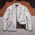 Classic Venom Tom Hardy is the same white dirty top layer cowhide stand-up collar American vintage leather jacket