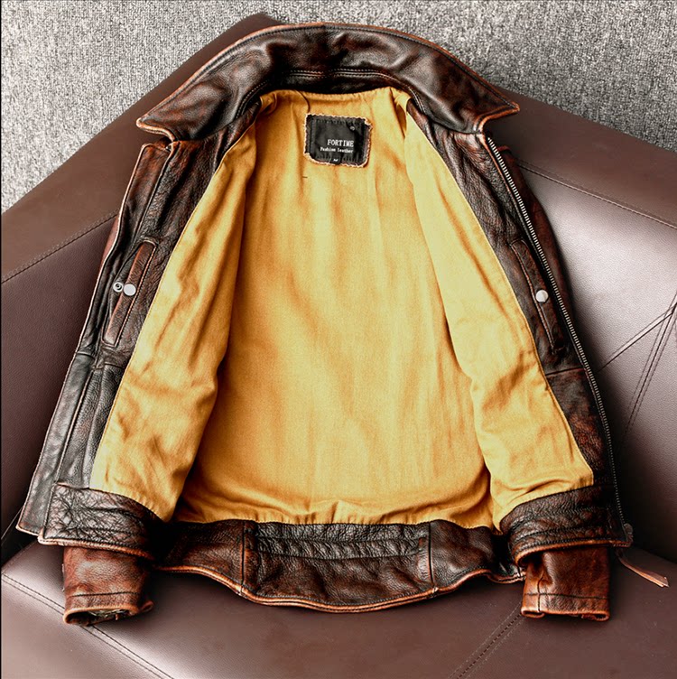 Ami click American retro pure top layer cowhide leather leather men's motorcycle short stone mill old jacket trend