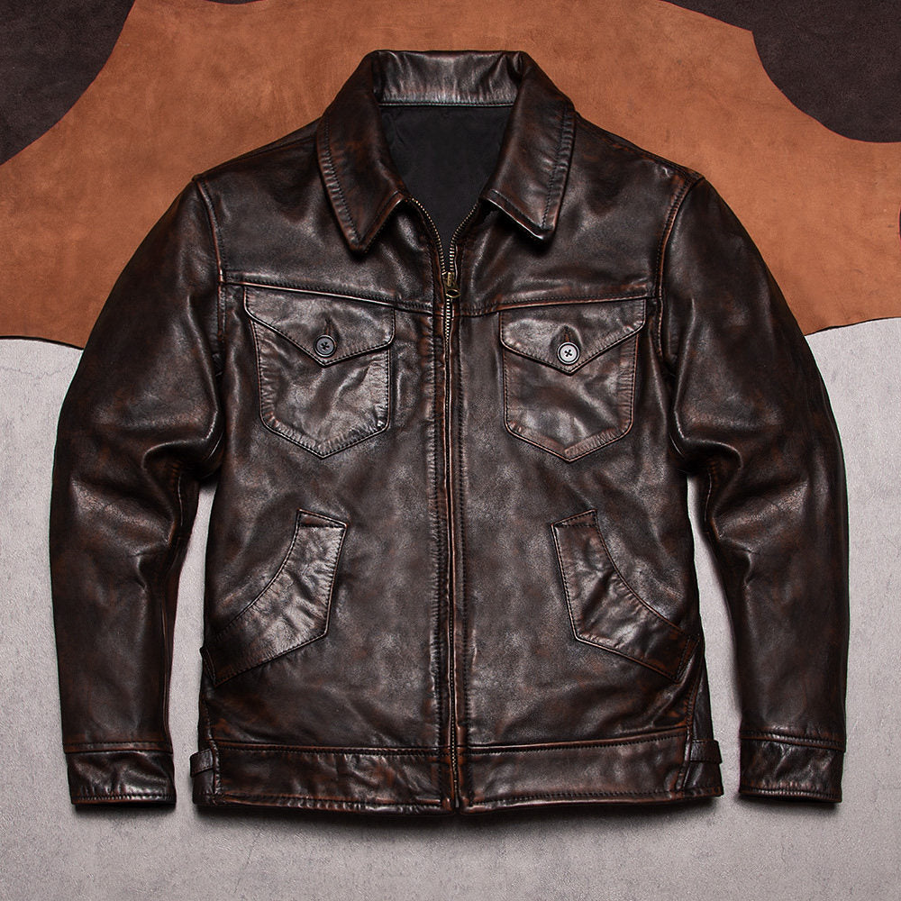 Mendoza RL American Vintage Leather Jacket Lapel Slim Tea Core Top Layer Cowhide Jacket Motorcycle Men's Vintage Jacket
