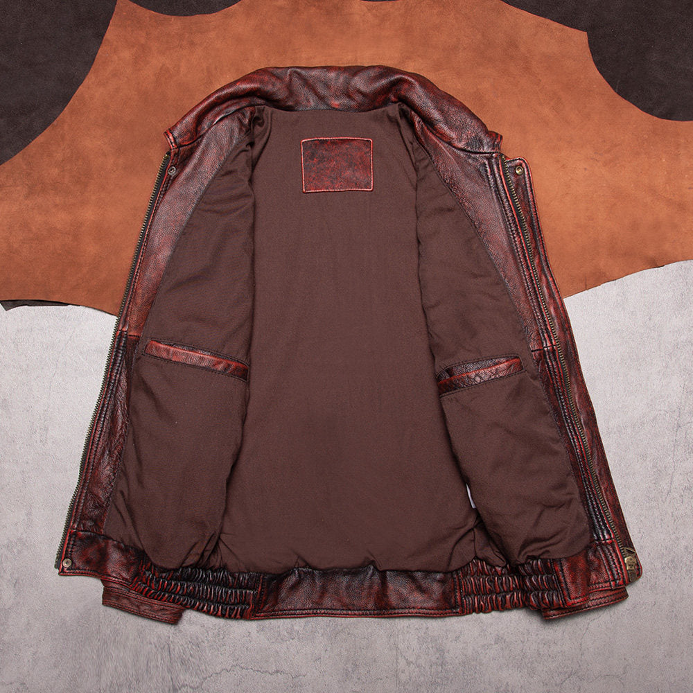 Ami clicks old top layer cowhide leather leather jacket men's plus size short Hong Kong style wide version flight suit jacket autumn and winter