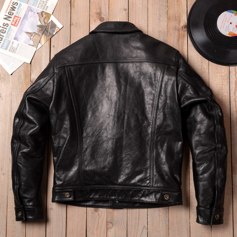 Stormrider cargo leather jacket men's lapel slim leather jacket oil wax top layer cowhide denim leather jacket