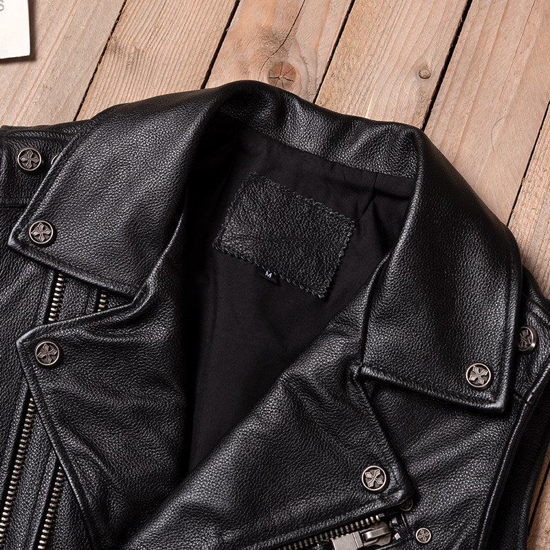 Black Harley motorcycle vest top layer cowhide leather jacket men's short cycling leather vest with multiple zipper pockets
