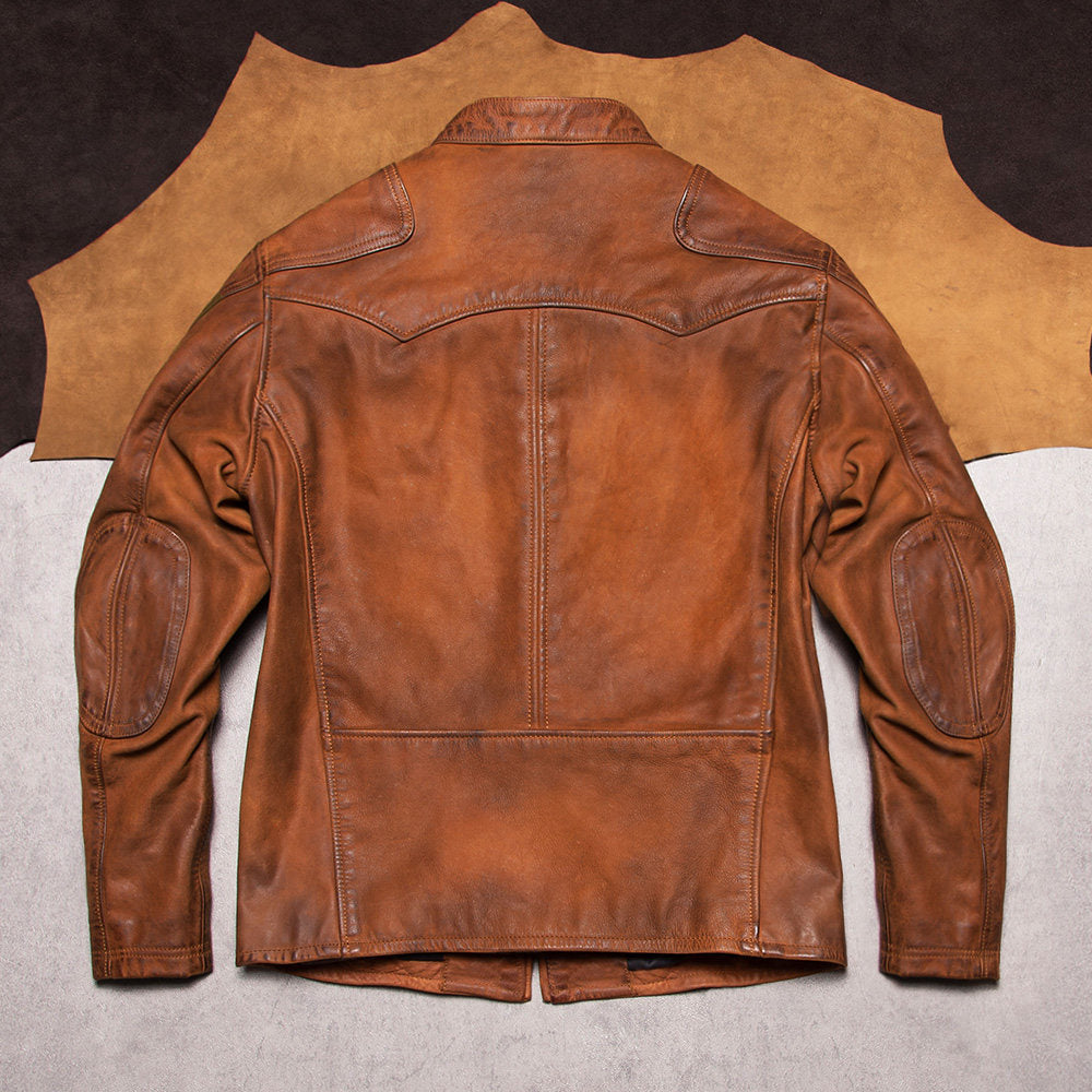 American vintage men's full-grain uncoated matte venom jacket top layer cowhide short stand-up collar leather jacket