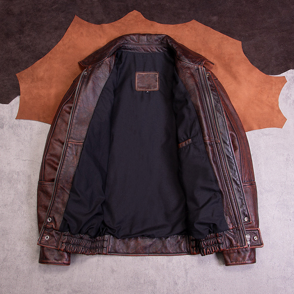 Retro men's and women's Hong Kong-style leather jackets, loose daddy leather jackets, retro distressed cowhide lapels, wide jackets