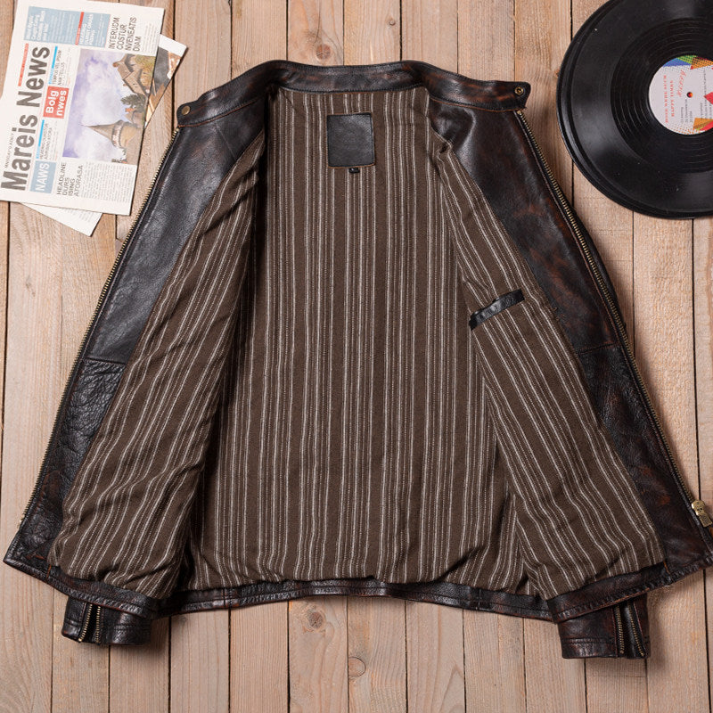 Venom hand-polished top layer calfskin men's slim stand-up collar leather leather motorcycle riding leather jacket jacket