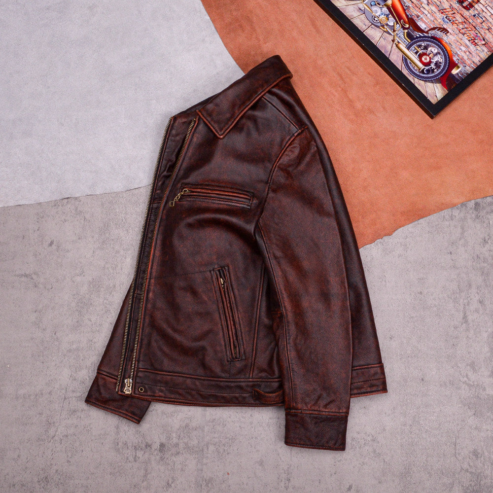 Mulholland Road soft top layer cowhide loose casual leather jacket brown genuine leather jacket men's coat cropped top