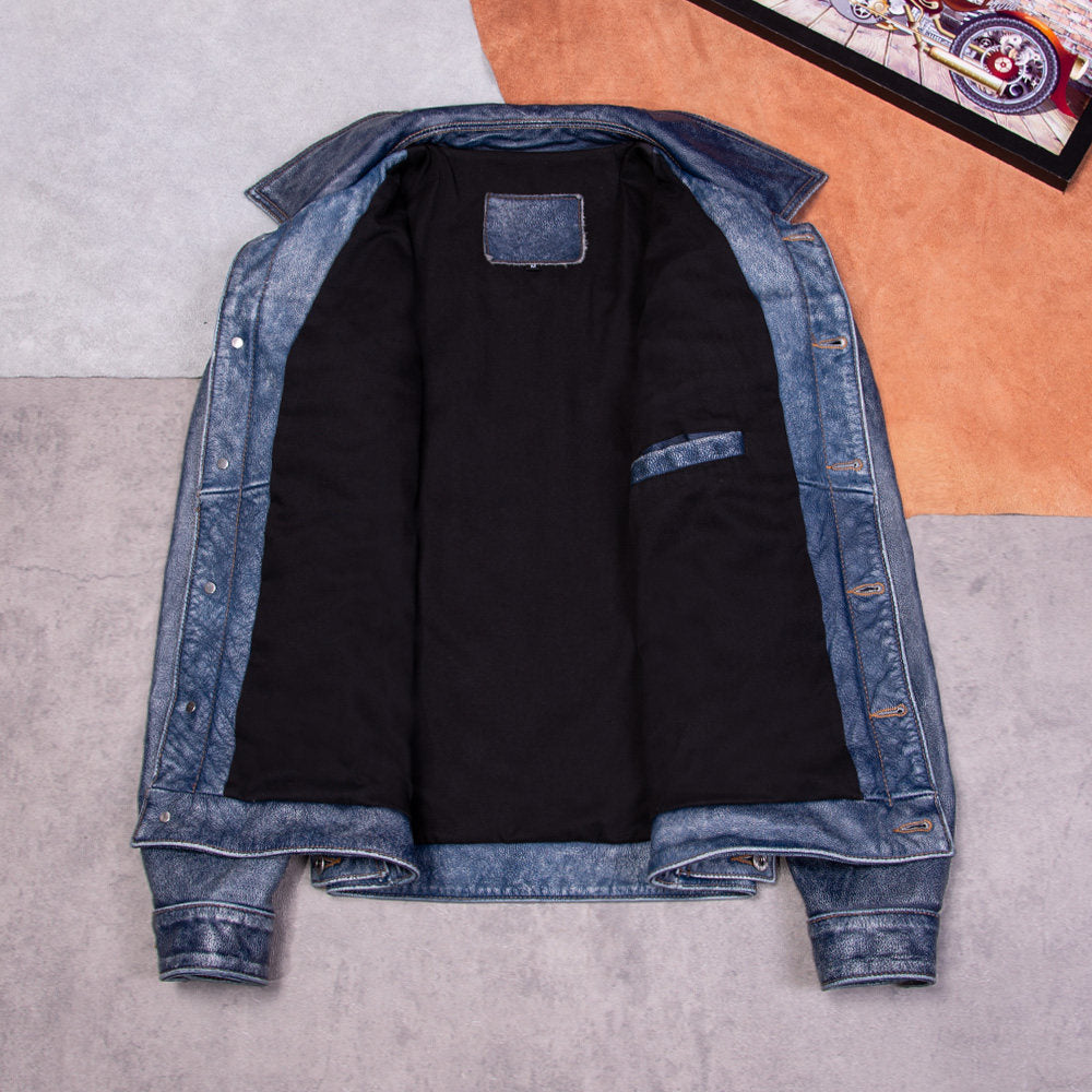 507 Ami click top layer cowhide leather leather jacket denim vintage stone mill old men's lapel jacket washed