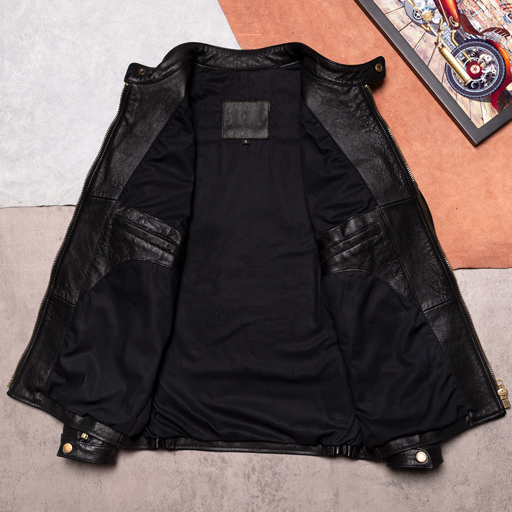 Vegetable-tanned sheepskin men's leather jacket slim fit versatile leather jacket men's cropped black autumn and winter stand-up collar