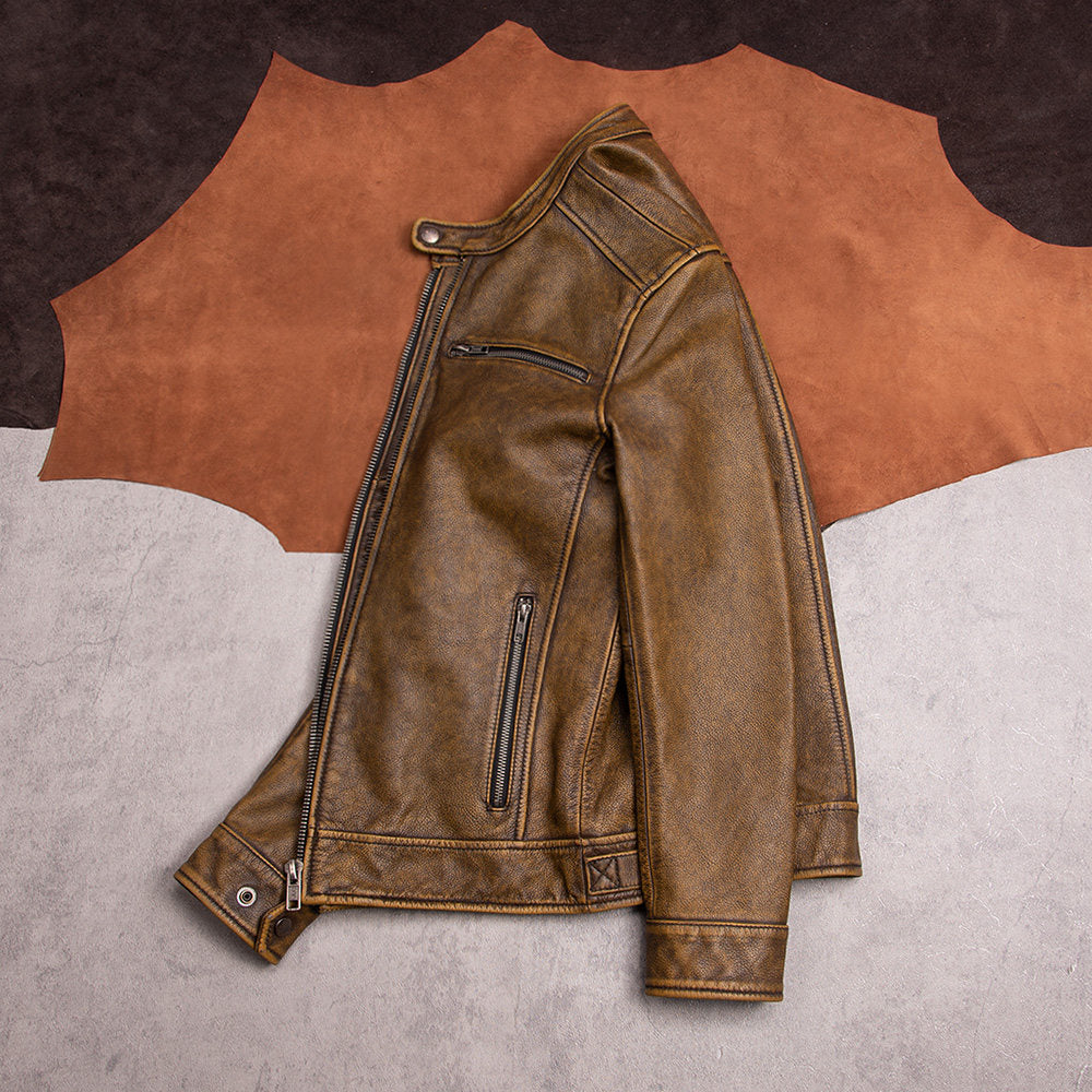 Vintage stand-up collar cycling uniform leather jacket men's top layer cowhide leather motorcycle jacket autumn and winter jacket yellow-brown