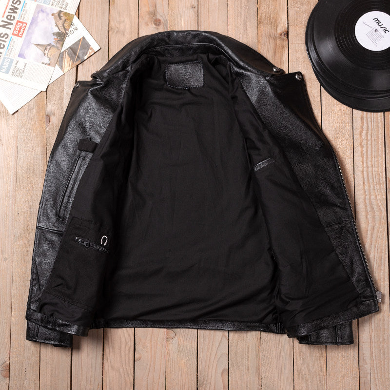 Black top layer cowhide men's leather jacket multi-zip motorcycle suit vintage Harley riding spring and autumn motorcycle suit men's style