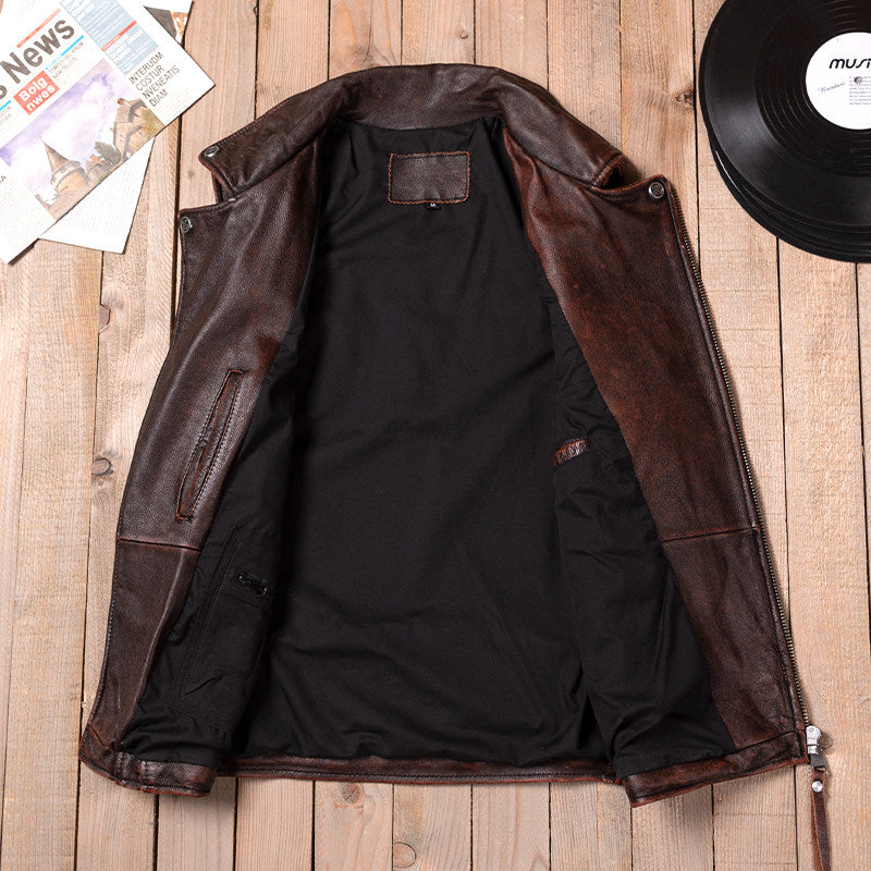 Reddish-brown Harley vest locomotive top layer cowhide leather leather jacket men's short cycling leather vest multi-zip pocket