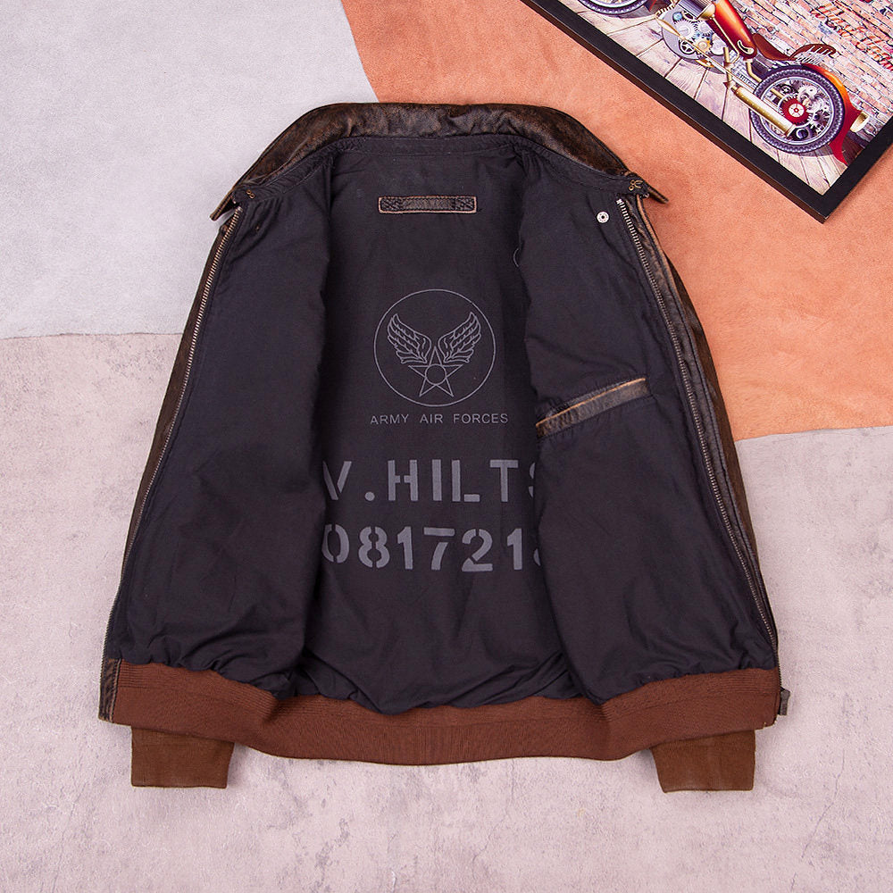 New A2 leather flight suit jacket men's retro distressed washed pure top layer cowhide leather plus size jacket autumn and winter