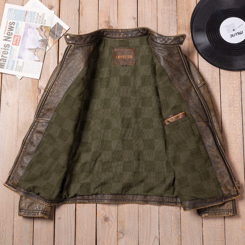 Venom yellow brown top layer calf leather men's classic leather jacket motorcycle riding jacket new arrival stand-up collar top vintage