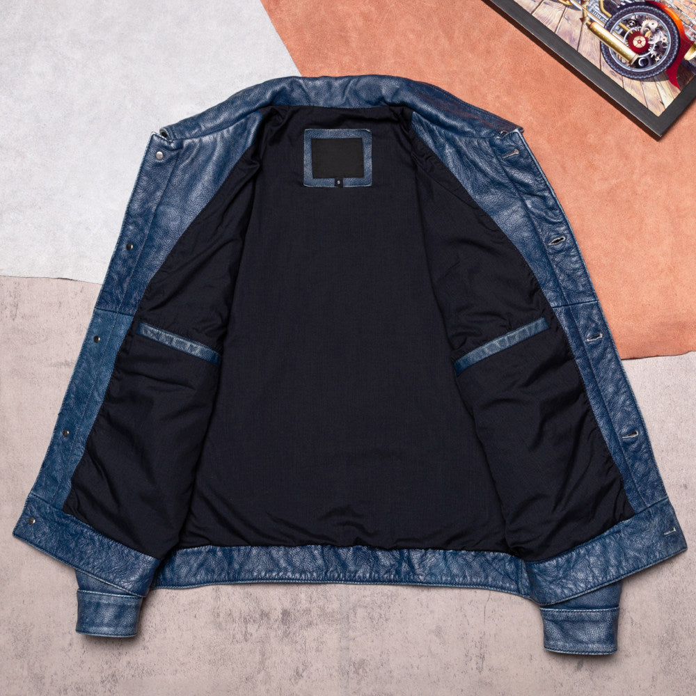 506 Vintage Distressed Cargo Leather Jacket Men's Lapel Slim Top Layer Cowhide Jacket Genuine Leather Denim Jacket