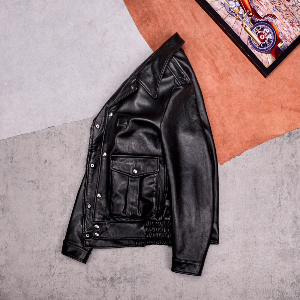 Top sheepskin California Mounted Police flight suit casual black leather leather jacket men's fall and winter top