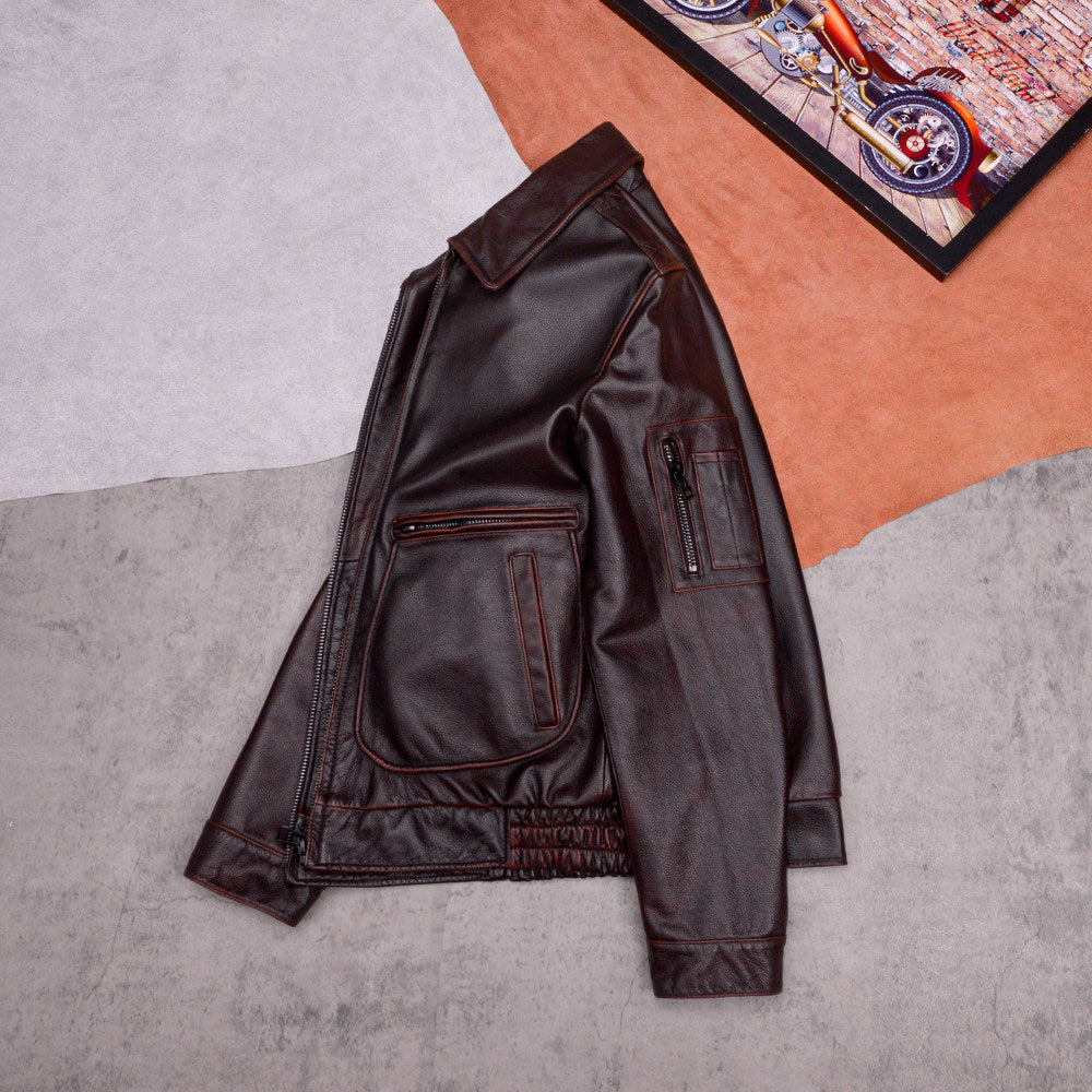 New stone mill old flight suit, top layer cowhide leather jacket, men's jacket, motorcycle vintage plus-size spring and autumn jacket