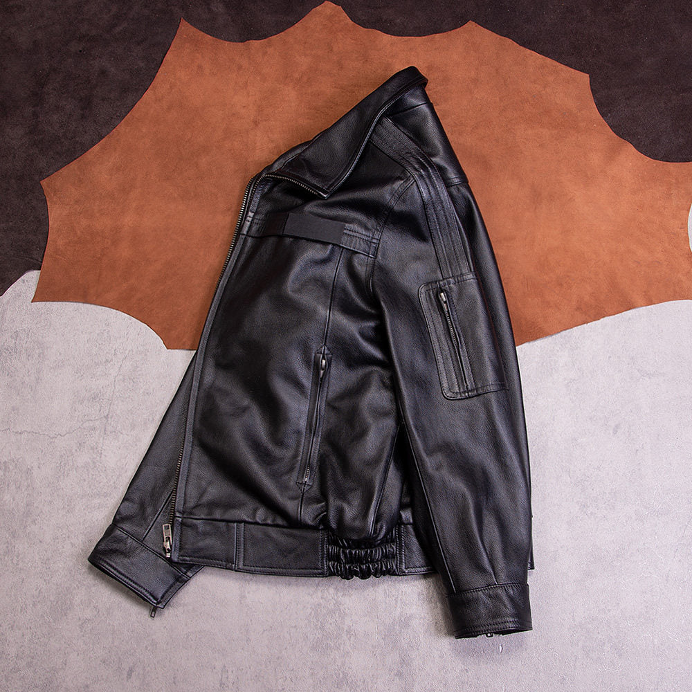 Top layer cowhide lapel leather jacket men's casual black leather jacket jacket zipper short simple men's clothes