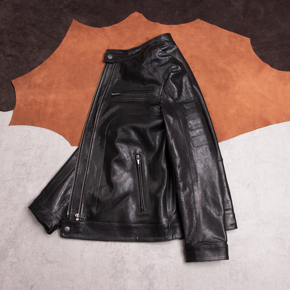 Vegetable-tanned sheepskin leather jacket men's motorcycle short stand-up collar jacket fashion trend black casual top jacket