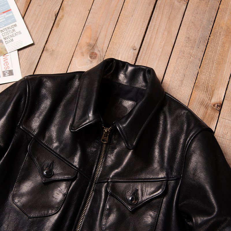 Vintage Mendoza Farmer Cowhide Heavy Washed Genuine Leather Autumn Winter Lapel Classic Casual Leather Jacket Jacket Black