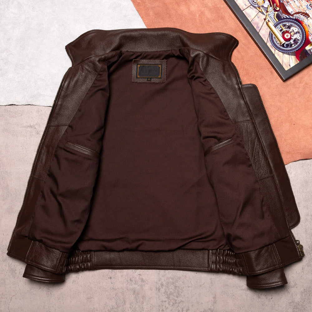 Top layer cowhide leather leather jacket men's 02 flight suit men's lapel short plus size casual leather jacket spring and autumn jacket