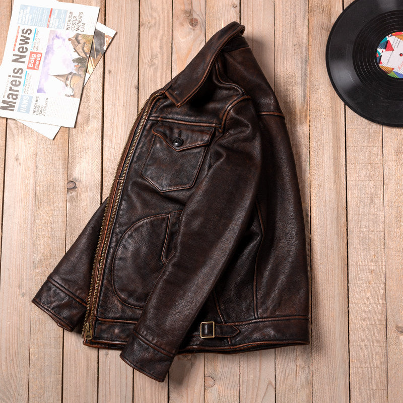 American vintage Mendoza washed farmer stone milled old top layer cowhide motorcycle leather jacket jacket