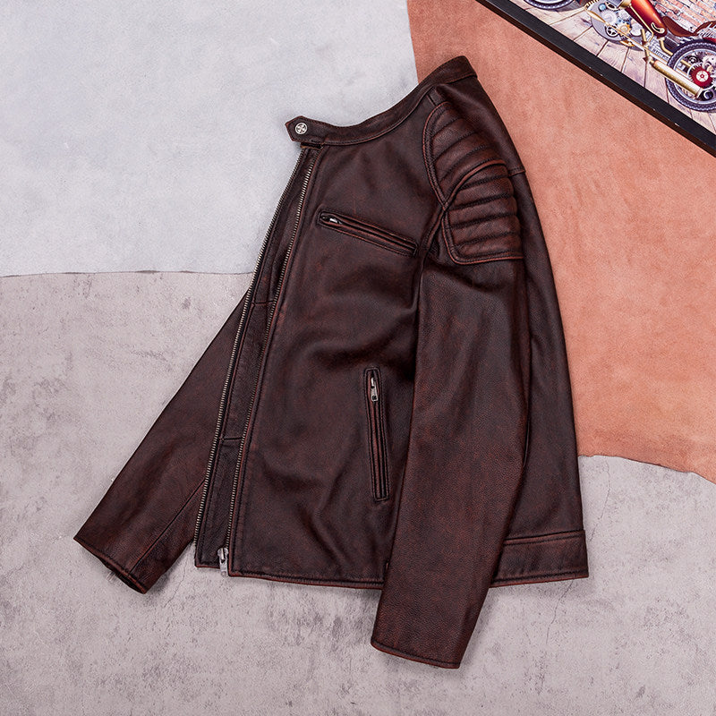Heavy top layer cowhide leather jacket men's stand-up collar slim motorcycle suit vintage distressed short plus size leather jacket
