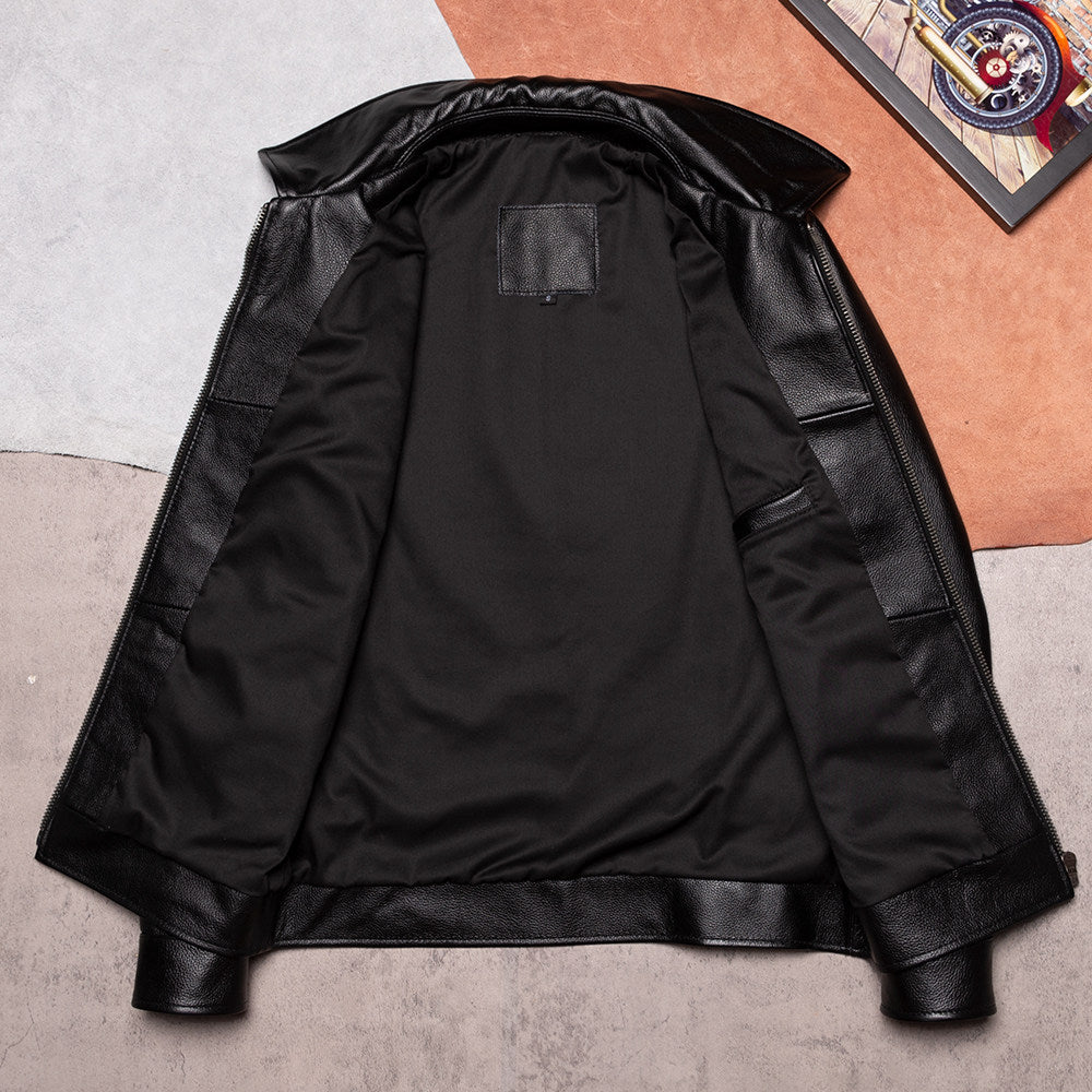 Black top layer cowhide jacket men's retro distressed cargo jacket leather leather jacket men's Korean version slim lapels