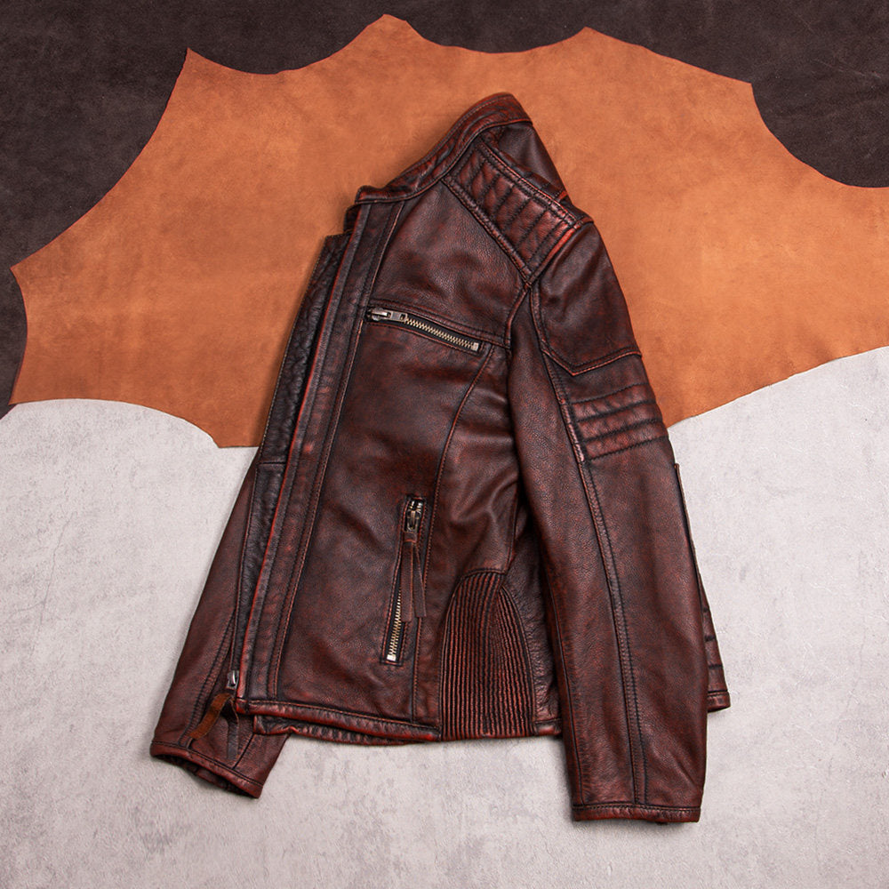 Heavy Harley motorcycle suit top layer cowhide leather jacket men's riding leather jacket vintage distressed stand-up collar jacket