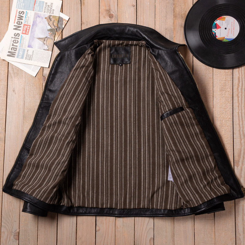 Classic Vintage Mendoza Farmer Genuine Leather Jacket Men's Vegetable-Tanned Sheepskin Lapel Slim Fit Leather Jacket Jacket