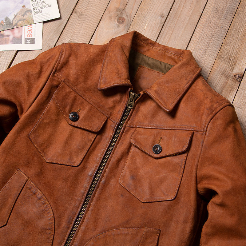 American vintage Mendoza washed into dirty calfskin leather jacket men's slim lapel moon pocket leather jacket