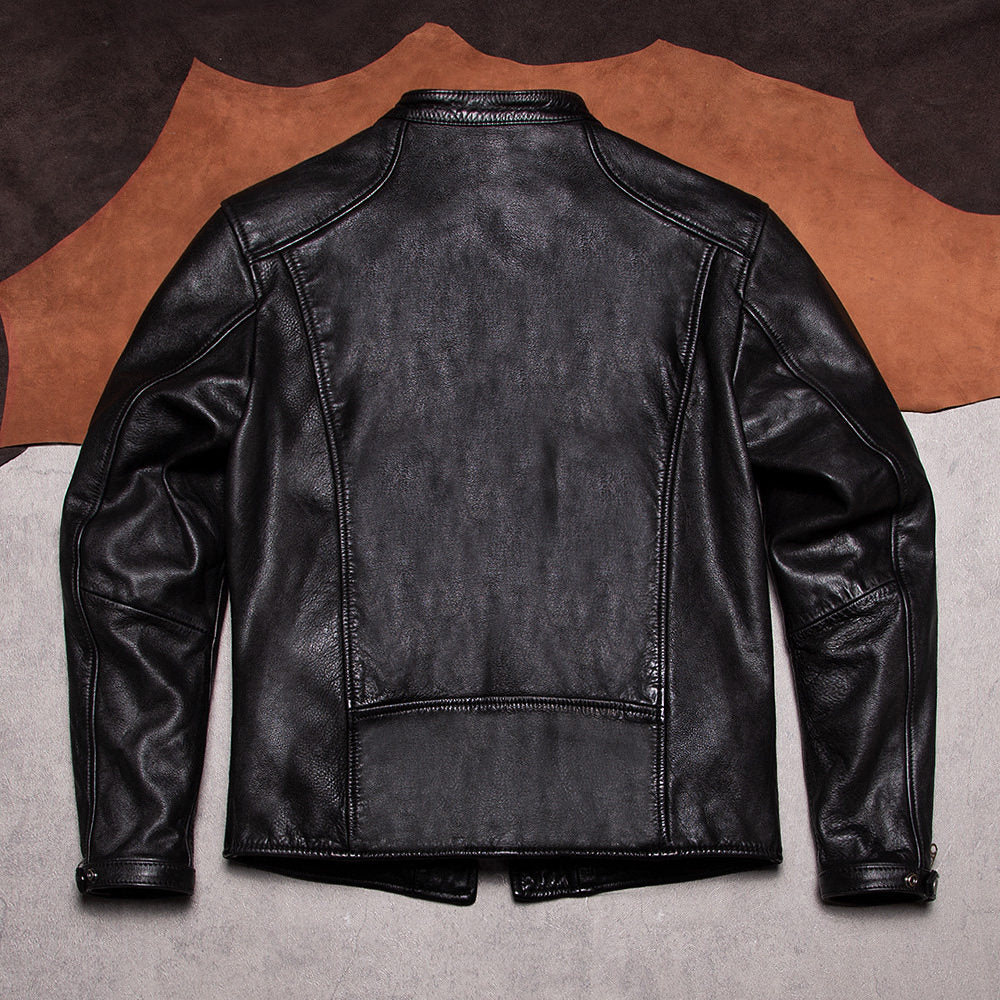 Stand-up collar motorcycle leather jacket vegetable-tanned top layer cowhide jacket men's leather slim cycling suit leather jacket