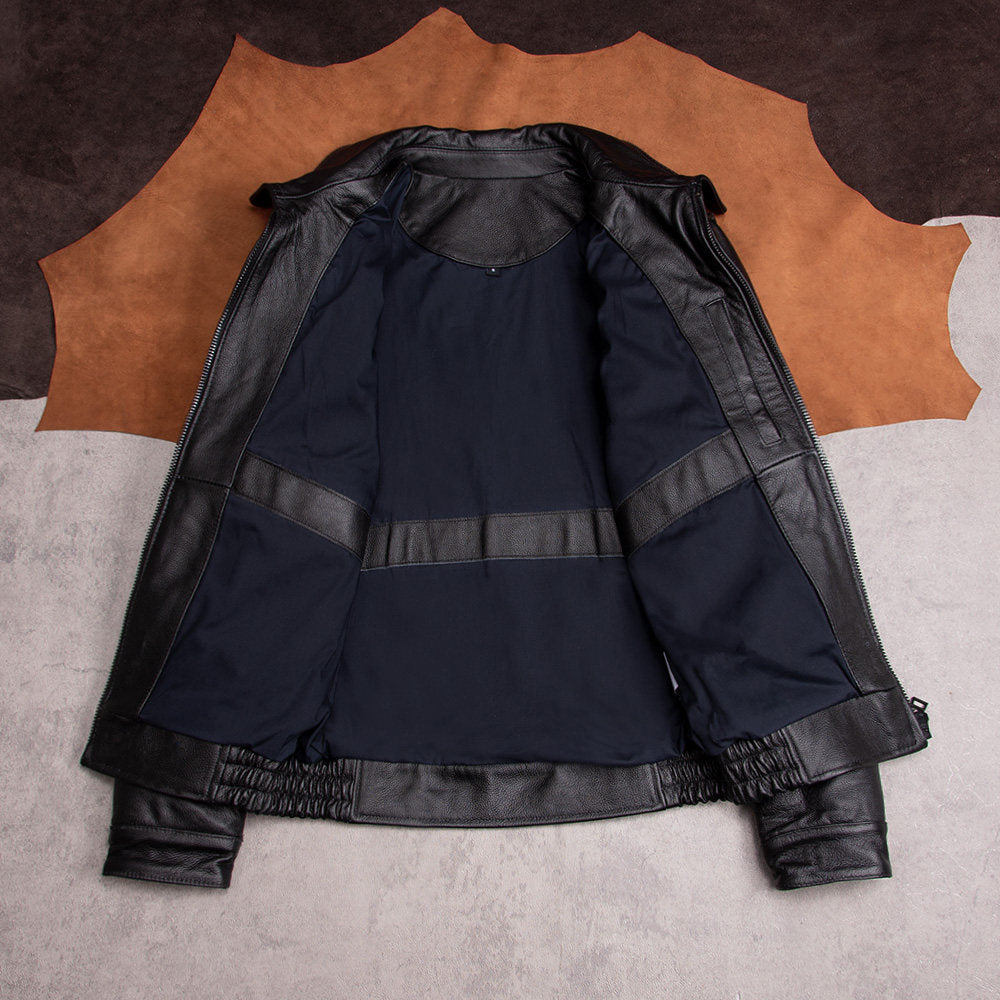 Top layer cowhide leather jacket men's autumn and winter new Korean version slim black jacket cropped top men's casual