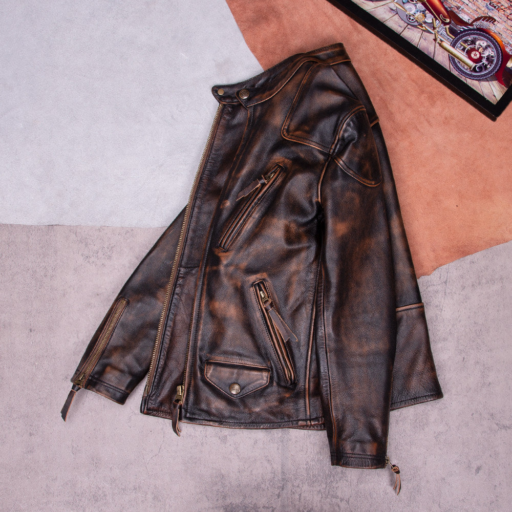 Venom is the same tea-core cowhide jacket for men to re-erase old stand-up collar Tom Hardy classic stand-up collar vintage leather jacket