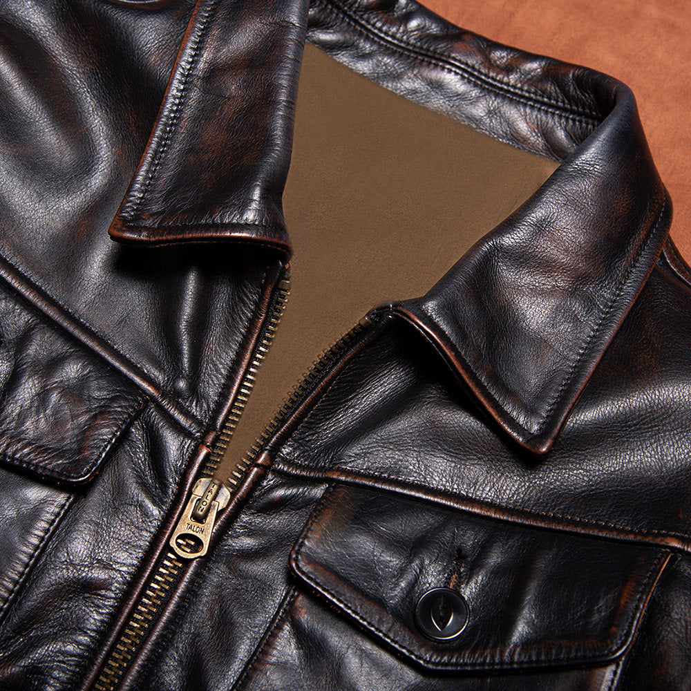 Mendoza classic leather jacket hand-polished top layer cowhide American vintage casual leather jacket farmer men's style