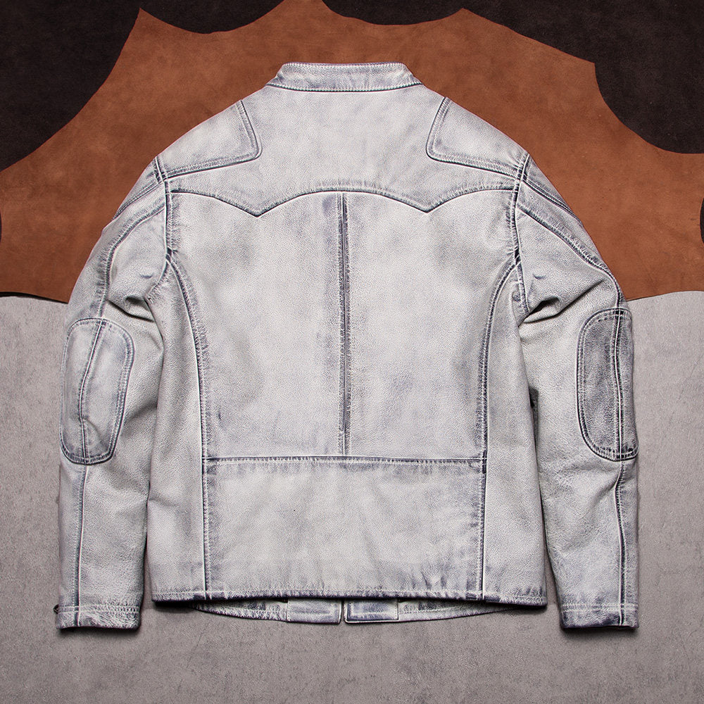 Classic Venom Tom Hardy is the same white dirty top layer cowhide stand-up collar American vintage leather jacket