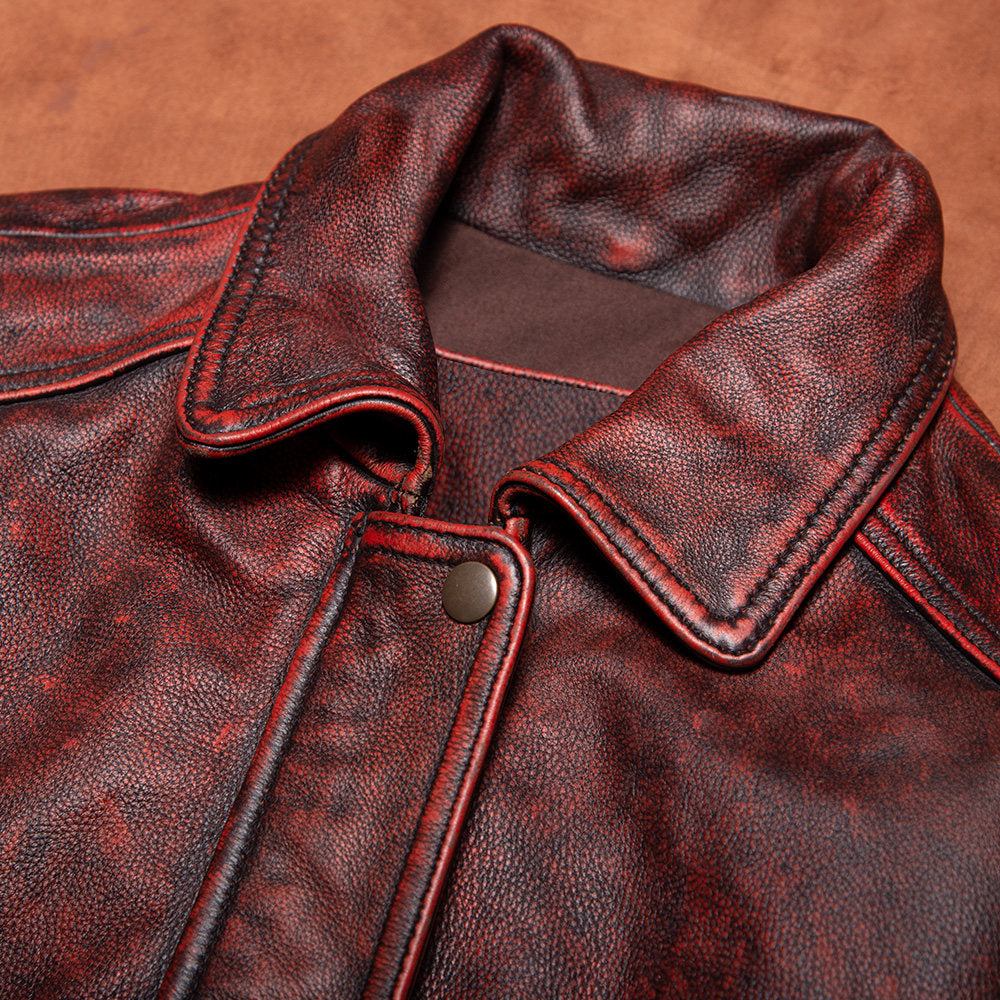 Ami clicks old top layer cowhide leather leather jacket men's plus size short Hong Kong style wide version flight suit jacket autumn and winter