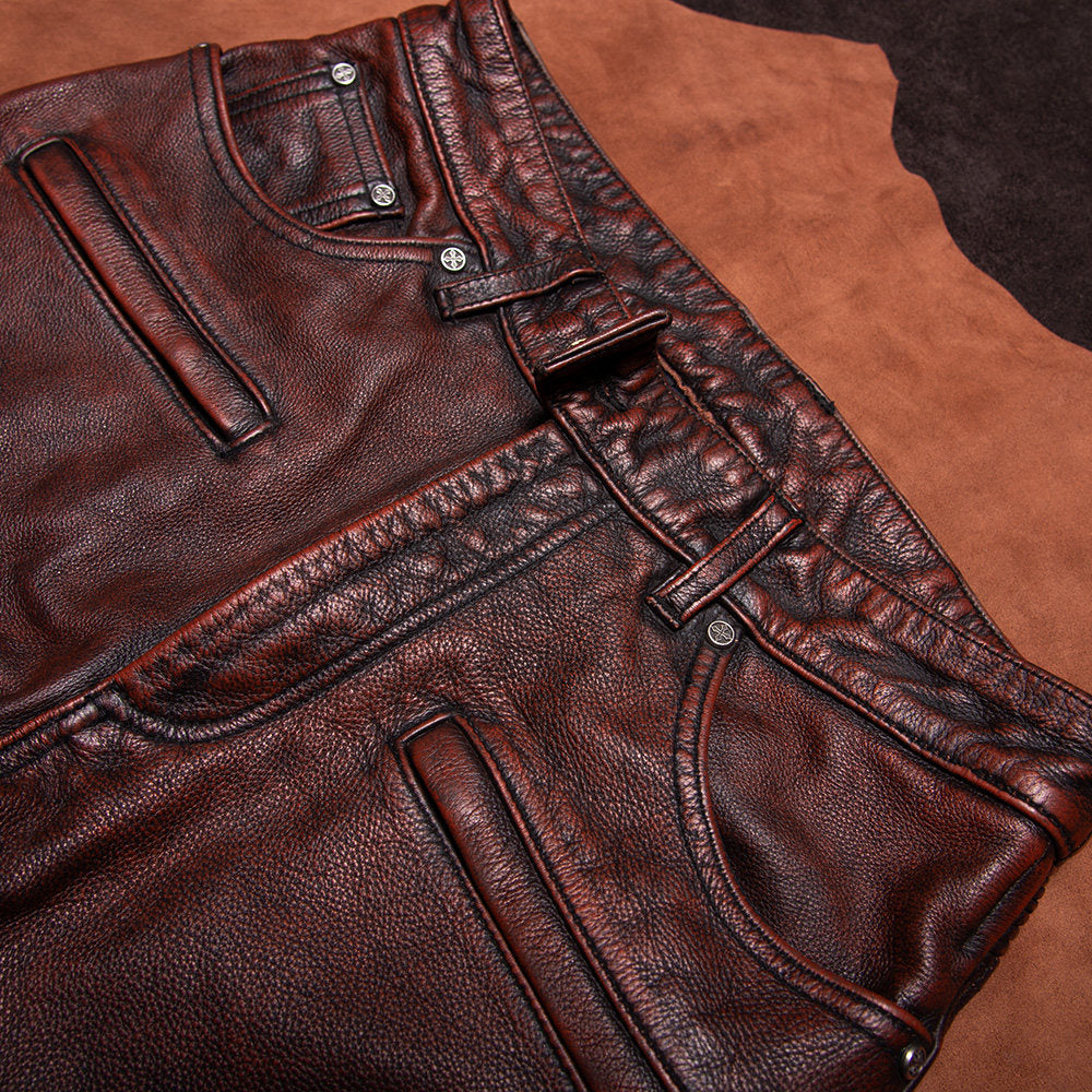 Men's leather pants, top layer cowhide, vintage distressed motorcycle riding trousers, men's slim fit