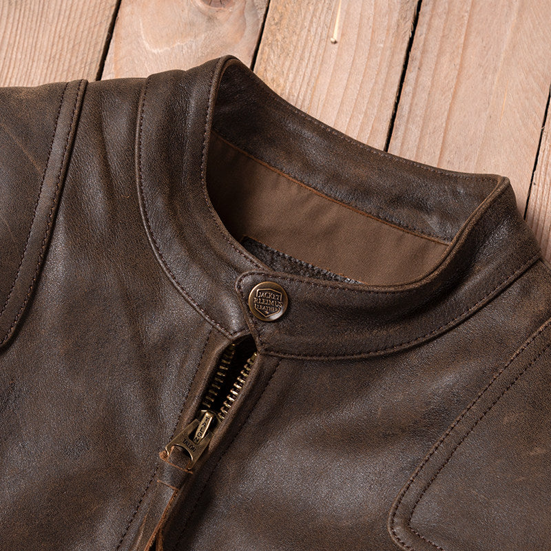 Venom retro motorcycle leather jacket crack unpainted old soft cowhide slim men's stand-up collar leather cycling suit men's style