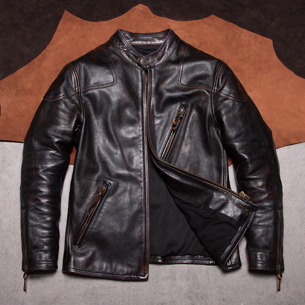 Tea core cowhide venom leather leather jacket men's washed old Tom Hardy classic vintage motorcycle leather jacket